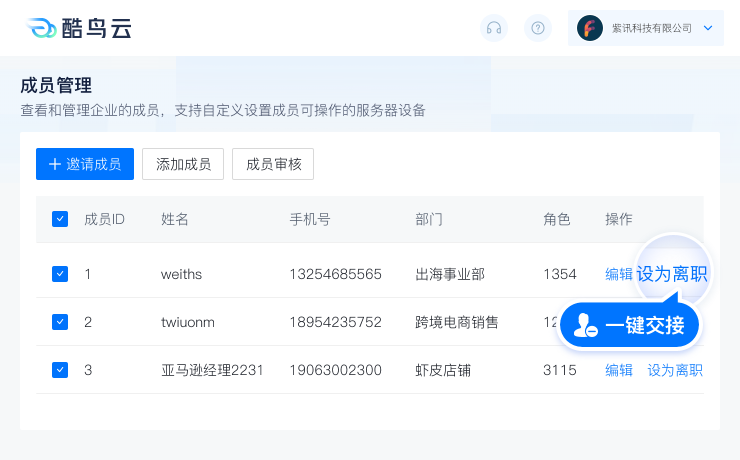 酷鸟云灵活管理成员权限